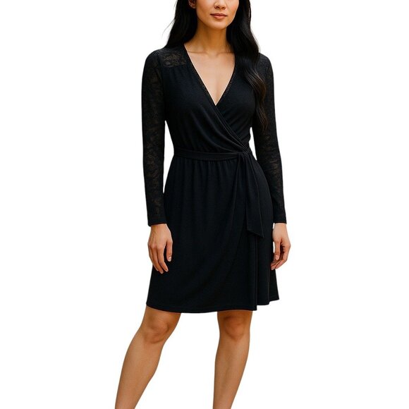 Moda International Y2K Lace Back Wrap Dress Black Size M Witch Fairy Whimsygoth - Picture 1 of 12